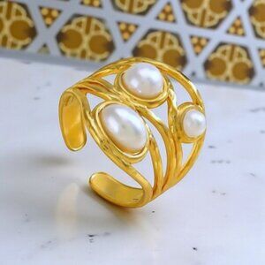 18K Gold Plated Adjustable Ring With Faux Pearls Artistic Trendy Swirl Design